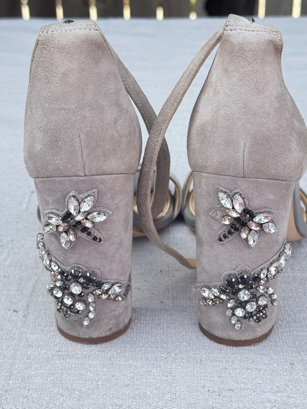 Embellished Taupe grey Suede Block Heel Sandals - Women